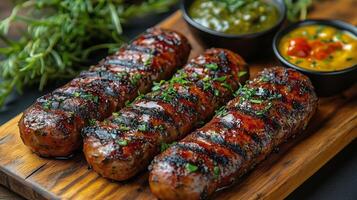 Grilled kebabs served with sauces on a wooden platter in a rustic setting. photo
