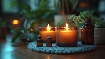 Relaxing atmosphere with candles and essential oils on a wooden table in a calm setting. photo