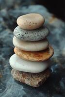 Perfectly balanced stack of smooth stones on textured surface during natural light. photo