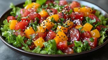 Fresh salad with colorful vegetables served in a bowl on a kitchen table. photo