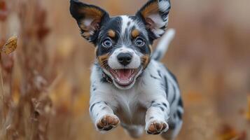 Playful puppy joyfully runs through a field during a sunny autumn day. photo
