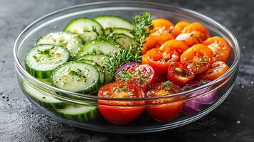 Freshly prepared vegetable platter featuring sliced cucumbers and cherry tomatoes with herbs. photo