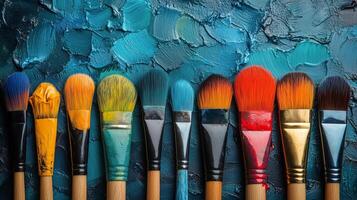 Vibrant paintbrushes lined up on a textured blue background showing various colors and styles. photo