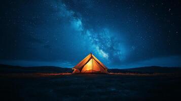 Stargazing at a cozy tent under a starry night sky in a remote location. photo