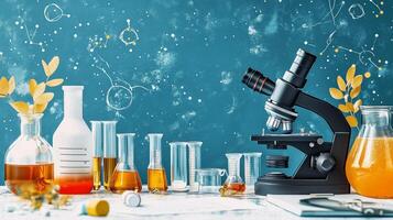 Laboratory setup with glassware and microscope on table against blue background. photo