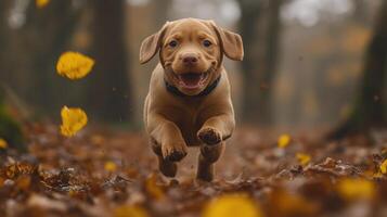 Happy puppy runs through autumn leaves in a forest setting. photo