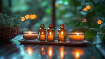 Set of candles and essential oil bottles in a serene, green indoor setting during evening relaxation time. photo