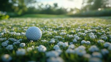 Golf ball resting on a bed of white flowers in a serene green landscape during golden hour. photo
