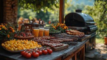 Culinary gathering featuring fresh grilled meats and vibrant vegetables at a countryside barbecue. photo