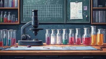 Colorful laboratory workstation with microscope and various chemical solutions during daytime. photo