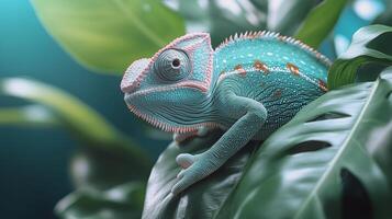 Chameleon resting on large green leaves in a vibrant tropical environment. photo