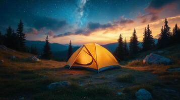 Stunning night camping under a starry sky in a mountain setting during twilight hours. photo