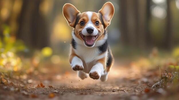Happy corgi running joyfully through a forest trail during autumn. photo