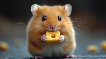 Cute hamster holding a snack on a dark surface in a soft natural light setting. photo