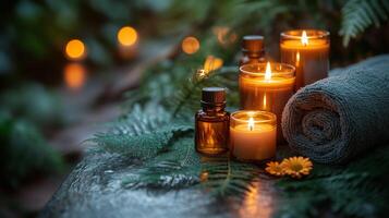 Calm evening with candles and essential oils surrounded by fresh greenery and a towel. photo