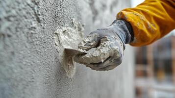 Skilled worker applying finishing plaster to a wall during renovation project in construction site. photo