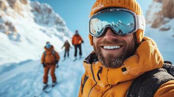 Skiers enjoy a sunny day on snowy slopes in the mountains while wearing vibrant winter gear. photo