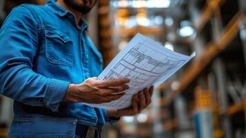 Construction worker studying architectural plans in a warehouse on a busy project site. photo