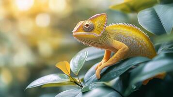 Colorful chameleon resting on green leaves in a tropical environment during daylight. photo