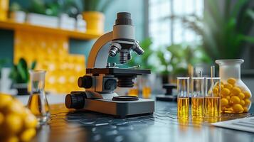 Laboratory setup featuring a microscope and various glassware in a bright workspace. photo