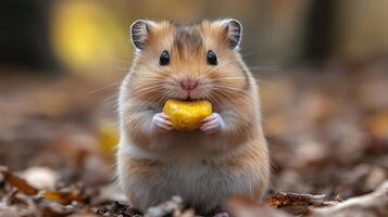 Cute hamster holds a snack among autumn leaves in a forest setting. photo