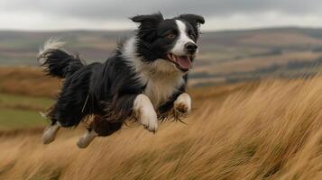 Joyful border collie leaps through golden grass in a picturesque countryside landscape. photo