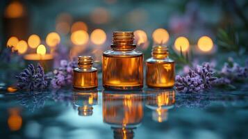 Aromatic essential oils arranged with lavender flowers and candles during a serene evening. photo