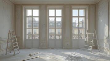Bright and airy room undergoing renovation with scaffolding and fresh paint in a city apartment. photo