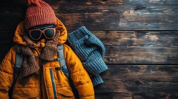 Winter apparel for children displayed creatively on wooden background with additional accessories. photo