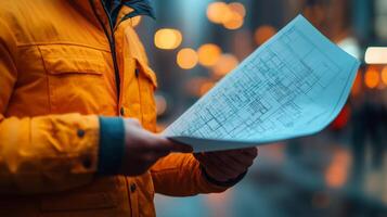 Urban navigator examines detailed blueprint during evening stroll through city streets. photo