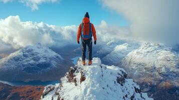 Adventurer standing on snowy mountain peak overlooking valley and clouds in winter landscape. photo