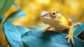 Vibrant chameleon perched on green leaves against a bright yellow background in a natural setting. photo