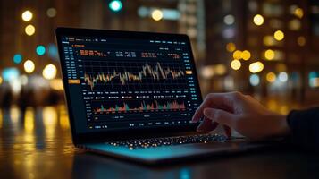 Person analyzing stock market data on laptop in urban setting at night. photo