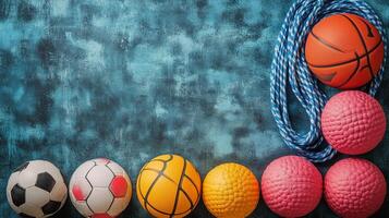 Variety of sports balls and equipment arranged on blue textured surface for recreational activities. photo