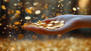 Hand holding shimmering gold coins as they cascade down in a glowing environment. photo