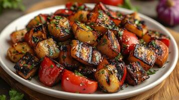 Grilled vegetables served on a plate with fresh herbs in a warm setting. photo