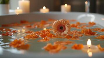 Relaxing flower petals in water with candles for a calm evening spa experience. photo