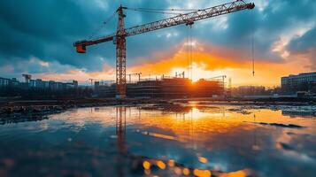 Construction site at sunset with cranes silhouetted against colorful clouds. photo
