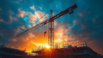 Construction crane silhouetted against a vibrant sunset over a building site. photo