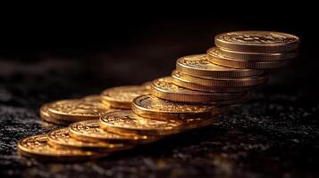Stack of shiny gold coins arranged on a dark surface in a dimly lit setting during early evening. photo