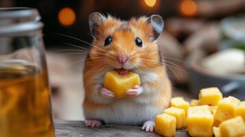 Hamster enjoying a piece of cheese in a cozy setting with warm lighting. photo