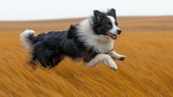 Dog joyfully leaps through golden grass field on a sunny day in nature. photo