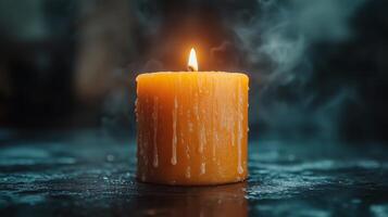 Candle illuminated in dark setting with melting wax and smoke rising in the atmosphere. photo