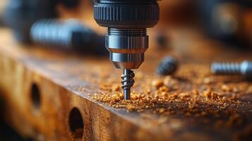 Close up of a power drill working on wooden surface with screws and shavings in workshop setting. photo