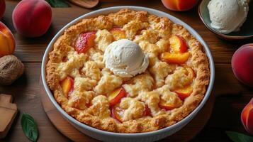 Delicious peach cobbler with ice cream served on a wooden table with fresh peaches. photo