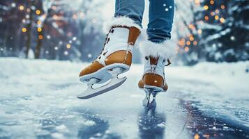 Enjoying a winter day skating on a frozen pond surrounded by snow-covered trees. photo