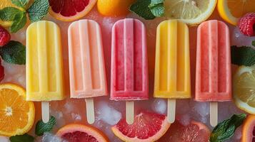 Colorful frozen popsicles arranged on a bed of fresh fruit at a summer celebration. photo