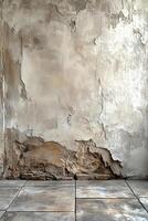 Cracked and weathered wall interior showcasing peeling paint and textured surfaces. photo