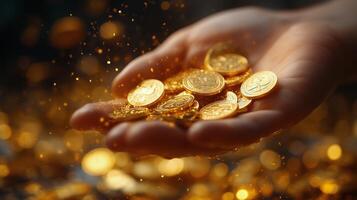 Hand holding shiny gold coins with sparkling background effect. photo