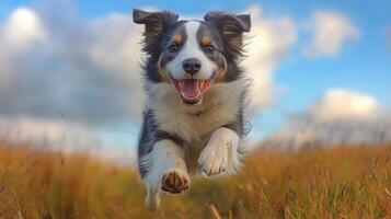 Happy dog leaps joyfully in a sunny meadow under a blue sky during late afternoon. photo